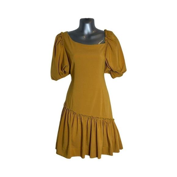 Marigold Line & Dot Ruffle Asymmetrical Puff Sleeve Yoko Mini Dress Size Small - Picture 1 of 11